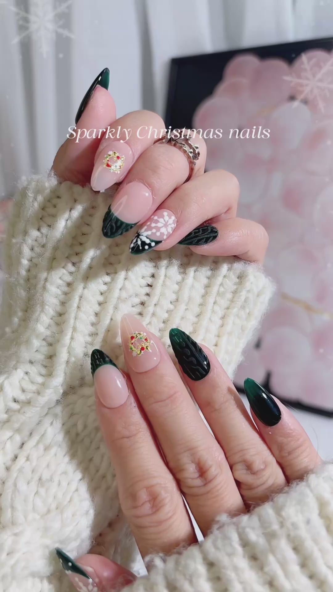 Sheer Pink Stiletto With Dark Green Knit Sheer Pink Stiletto With Dark Green Knit — Winter Stiletto Nails