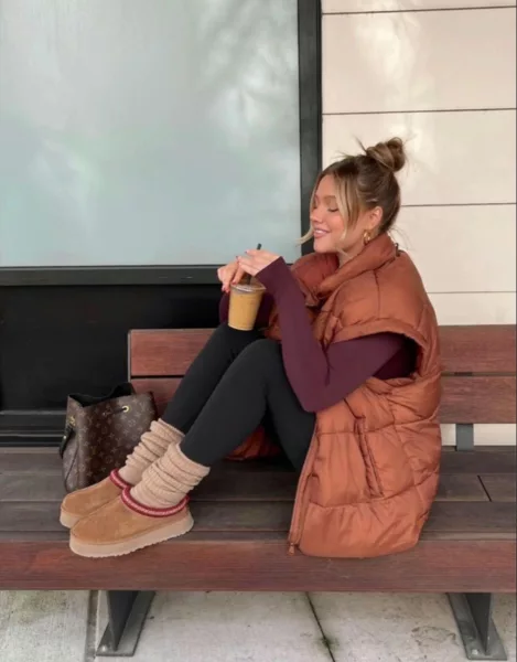Tan Ugg Slippers with Leg Warmers and Puffer Vest Tan Ugg Slippers with Leg Warmers and Puffer Vest — Ugg Slippers Outfits