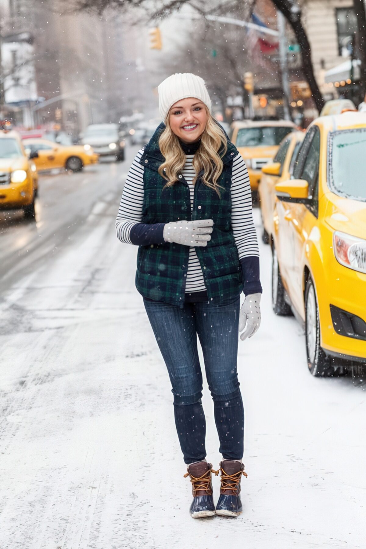 Plaid Puffer Vest with Striped Top and Duck Boots — Puffer Vest Outfits