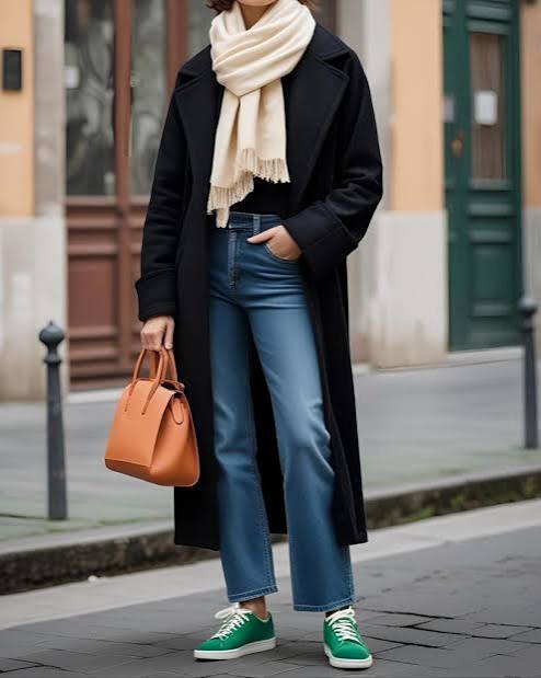 Unexpected Contrast: Black Coat with Bright Sneakers — Black Coat Outfits