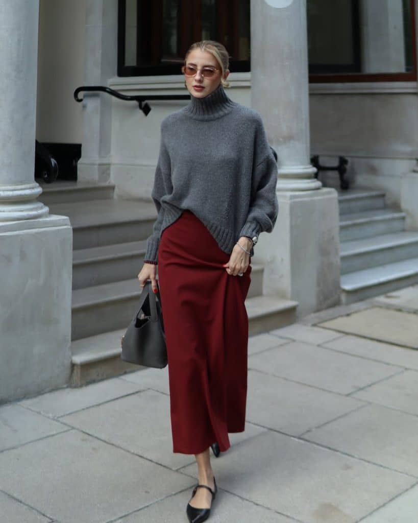 Oversized Grey Knit Sweater with Burgundy Satin Midi Skirt Oversized Grey Knit Sweater with Burgundy Satin Midi Skirt — Winter Work Outfits