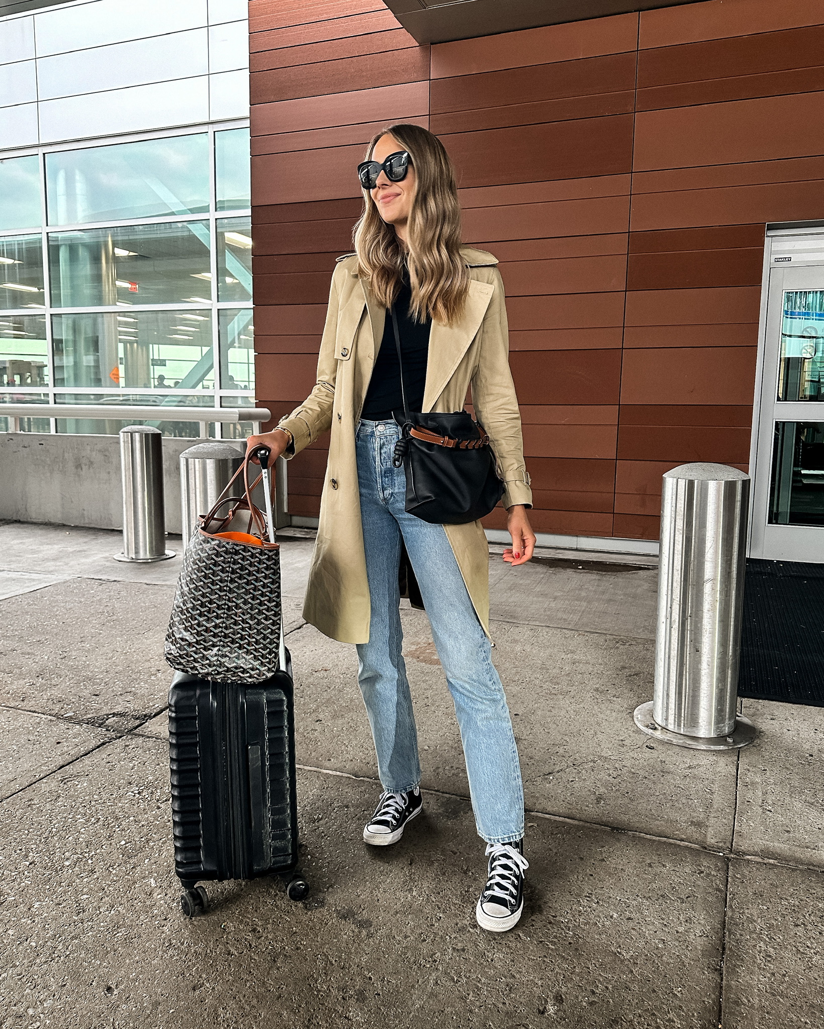 Trench Coat and Sneakers for Smart Casual Travel — Winter Travel Outfits