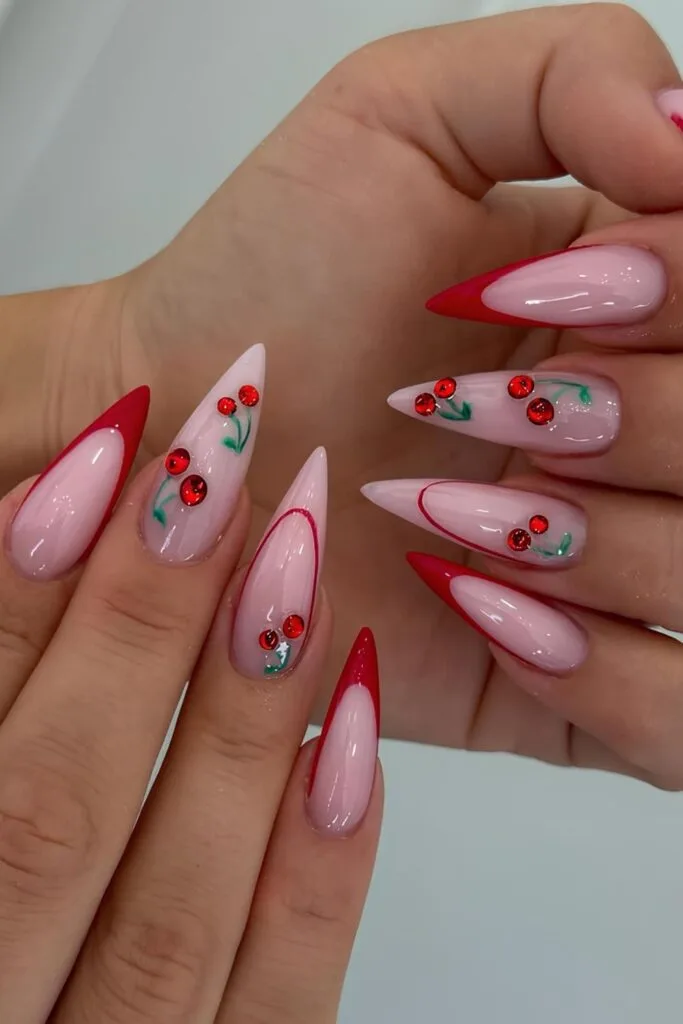 Red Cherry Rhinestone French Stilettos Red Cherry Rhinestone French Stilettos — french nail designs