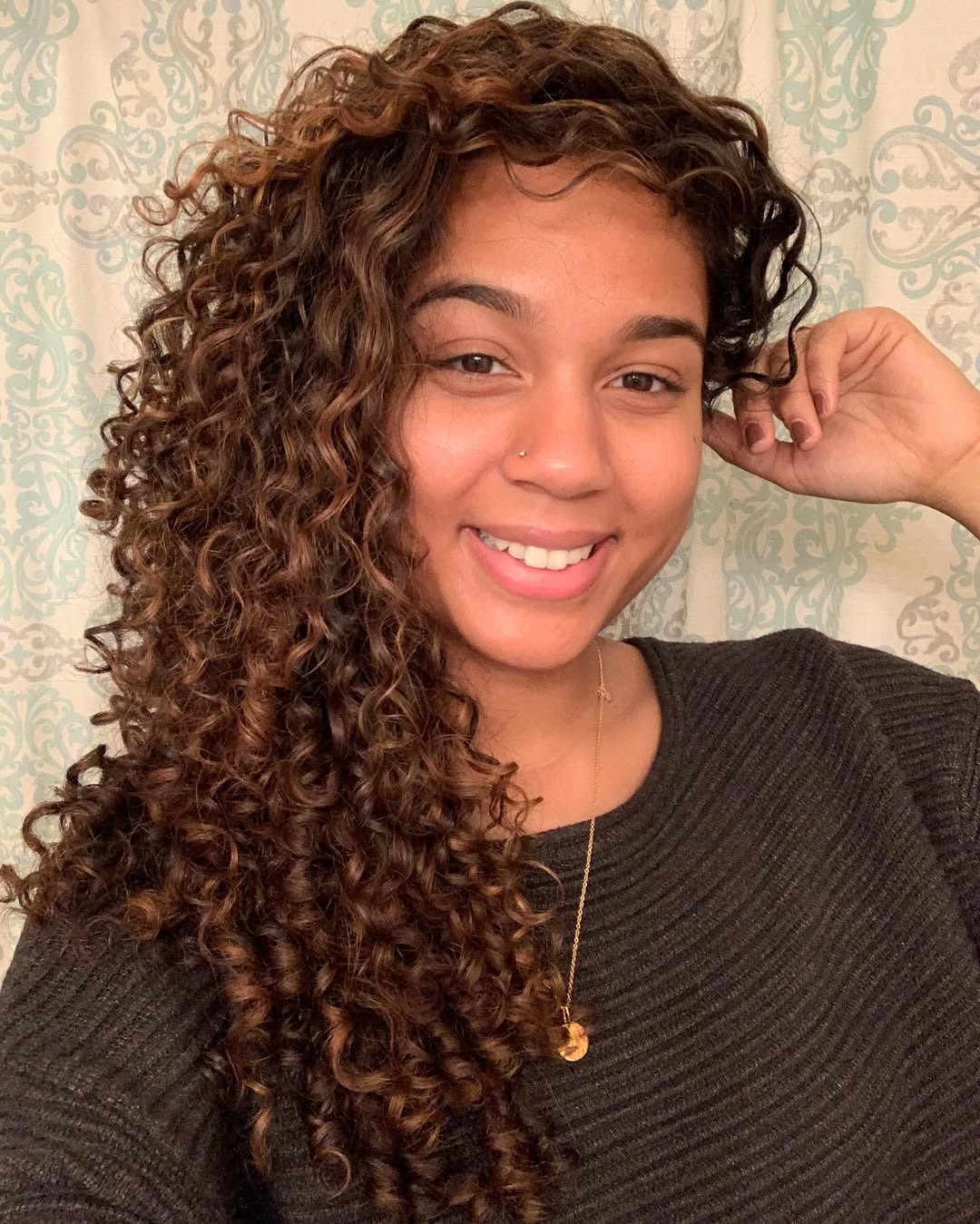 Long Layers Medium Brown With Caramel Highlights — Winter Hair Colors for Curly Hair