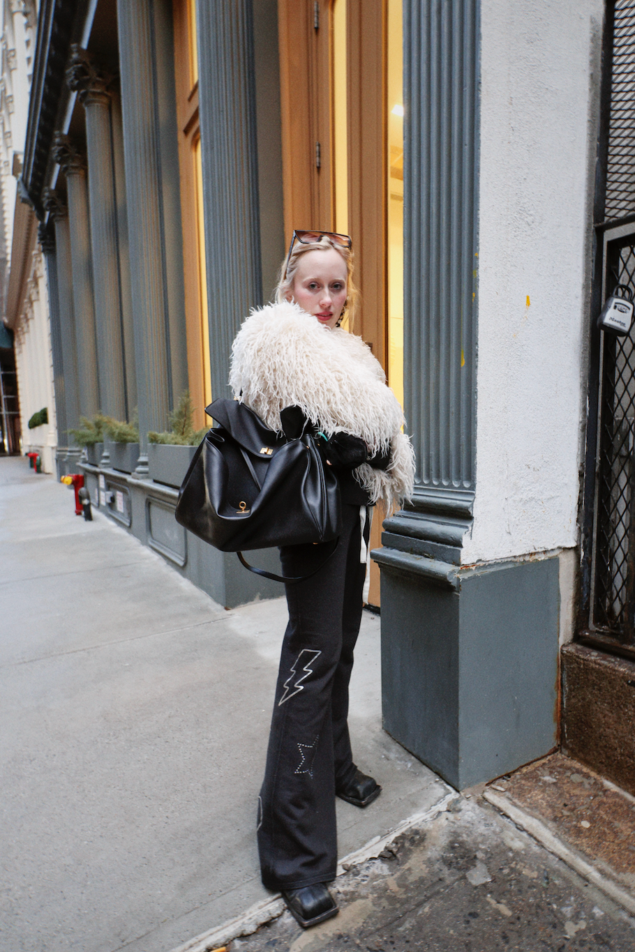 Voluminous Cream Fluffy Jacket Over Black Fitted Trousers — NYC Winter Outfits