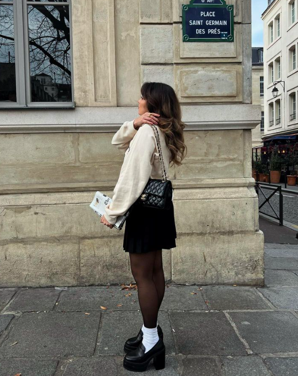 Cream Sweatshirt with Pleated Mini and Loafers — Preppy Winter Outfits