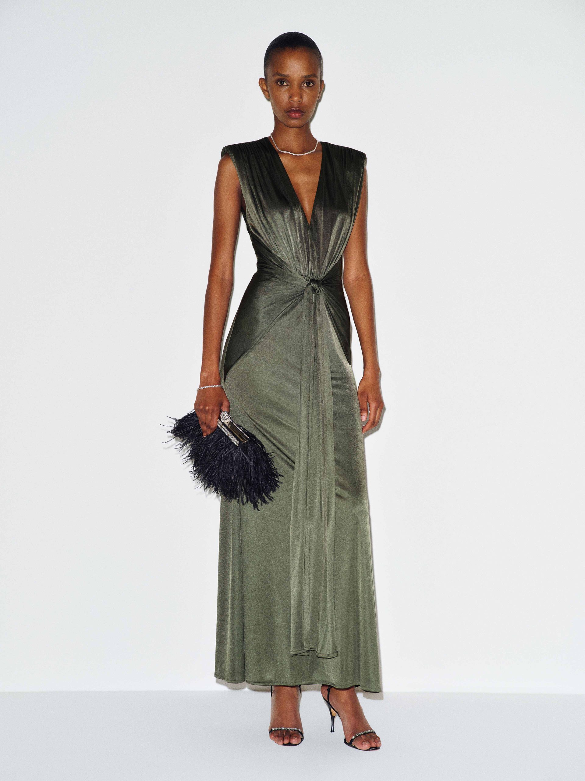 Olive Green Satin Gown with Feather Clutch Olive Green Satin Gown with Feather Clutch — Dressy Winter Outfits