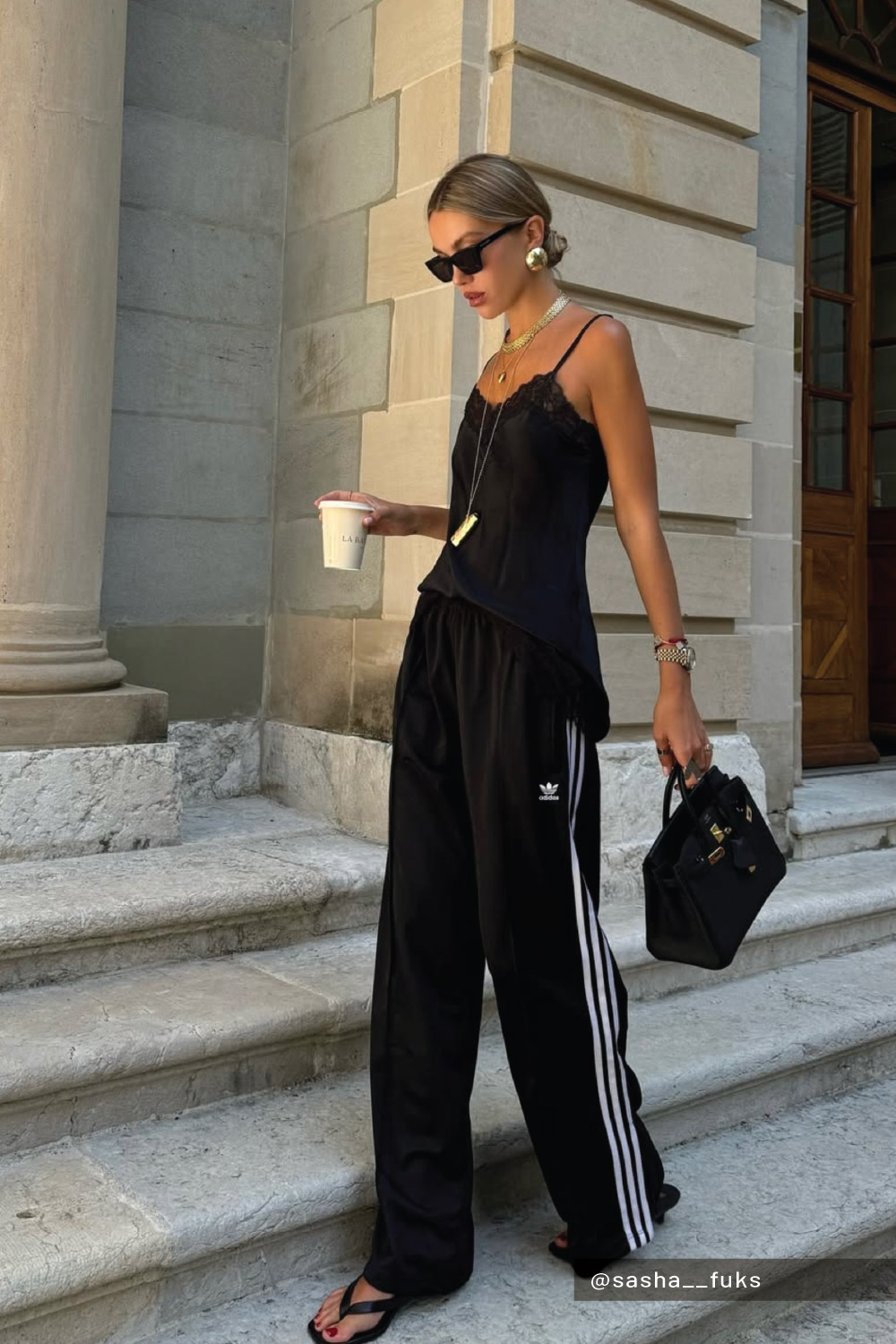 Lace-Trimmed Camisole with Black Track Pants — Sweatpants Outfits