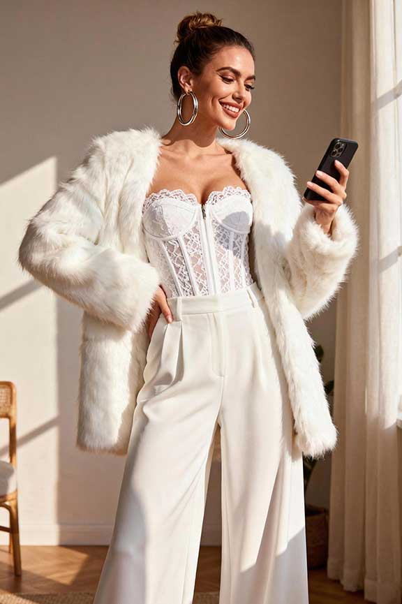 White Faux Fur Jacket Over Corset Top and Wide-Leg Trousers for a Showstopping Concert Look White Faux Fur Jacket Over Corset Top and Wide-Leg Trousers for a Showstopping Concert Look — Winter Concert Outfits