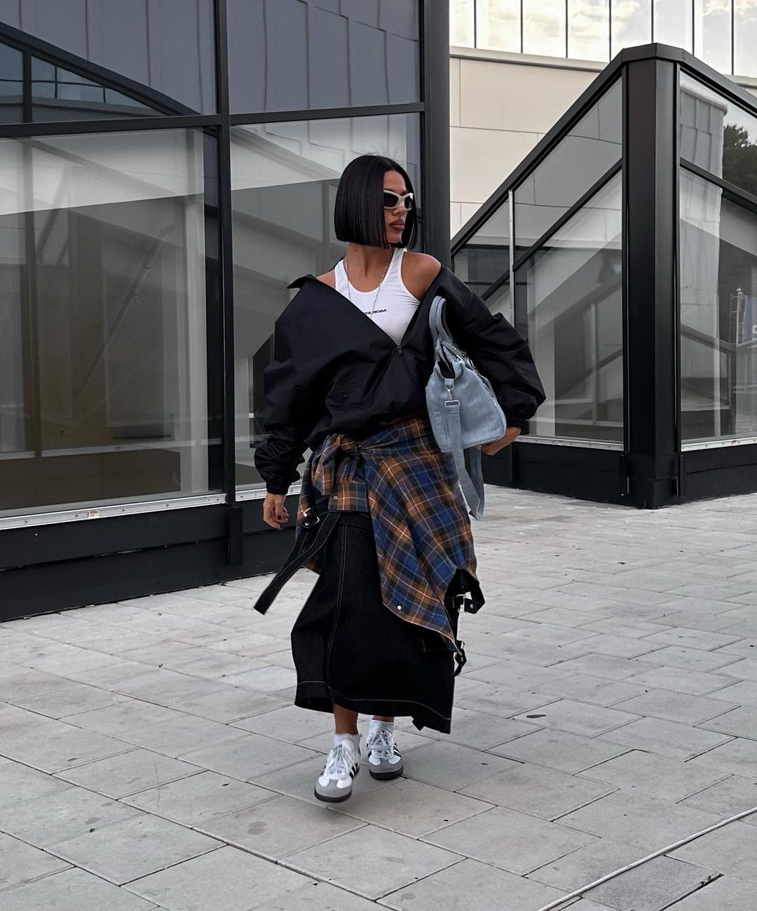 Bomber Jacket with Plaid Shirt Tied at Waist — Grunge Winter Outfits
