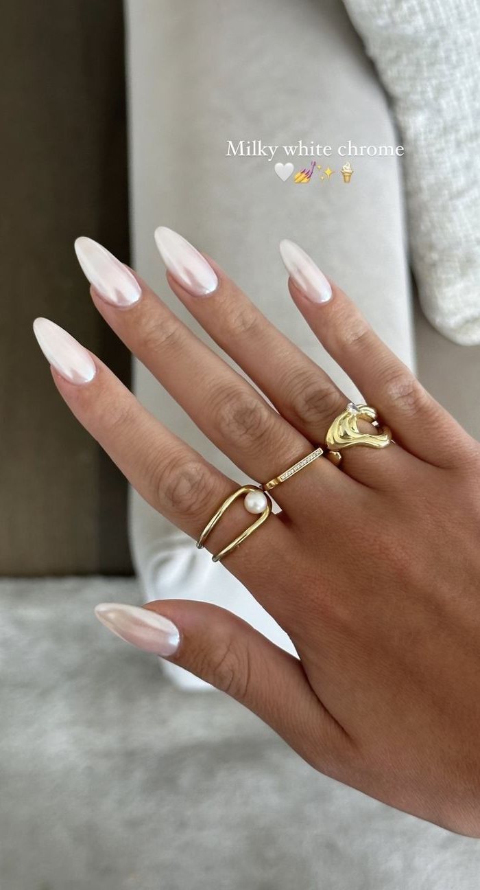 Iridescent Chrome Milky White Stilettos Iridescent Chrome Milky White Stilettos — Milky White Nails
