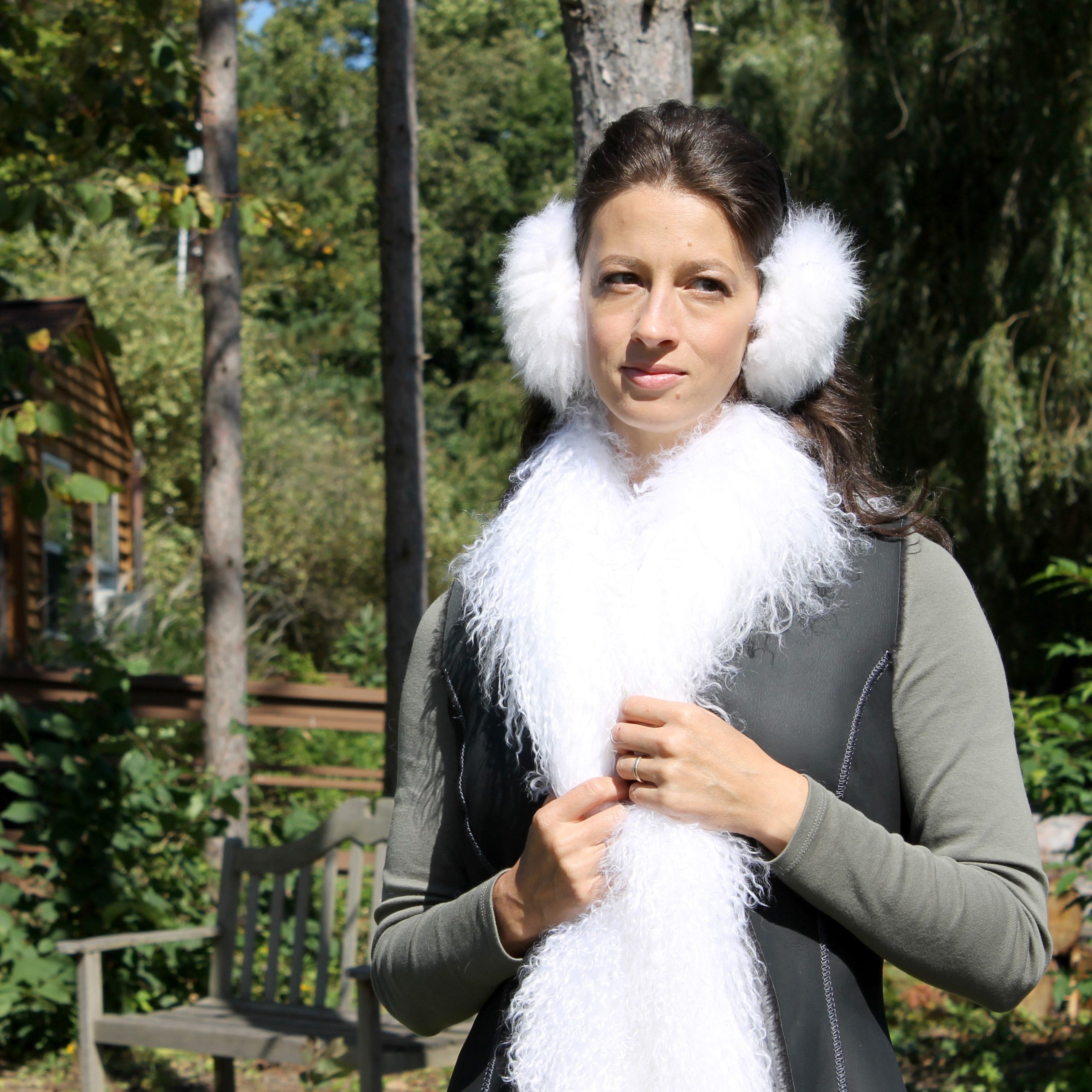 Outdoor Ready: White Earmuffs with Vest and Scarf Outdoor Ready: White Earmuffs with Vest and Scarf — Earmuffs Outfits
