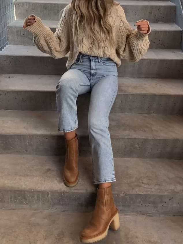 Tan Leather Chelsea Boots with Jeans and Cable-Knit Sweater — Chelsea Boots Outfits