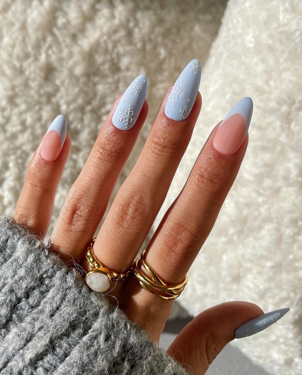 Light Blue 3D Snowflake French Tip Almond Nails Light Blue 3D Snowflake French Tip Almond Nails — Winter Almond Nails