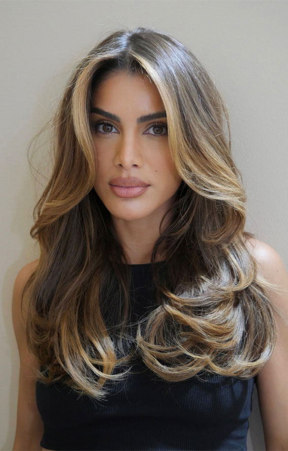 Voluminous Long Layers With Caramel Highlights Voluminous Long Layers With Caramel Highlights — Winter Layered Haircuts