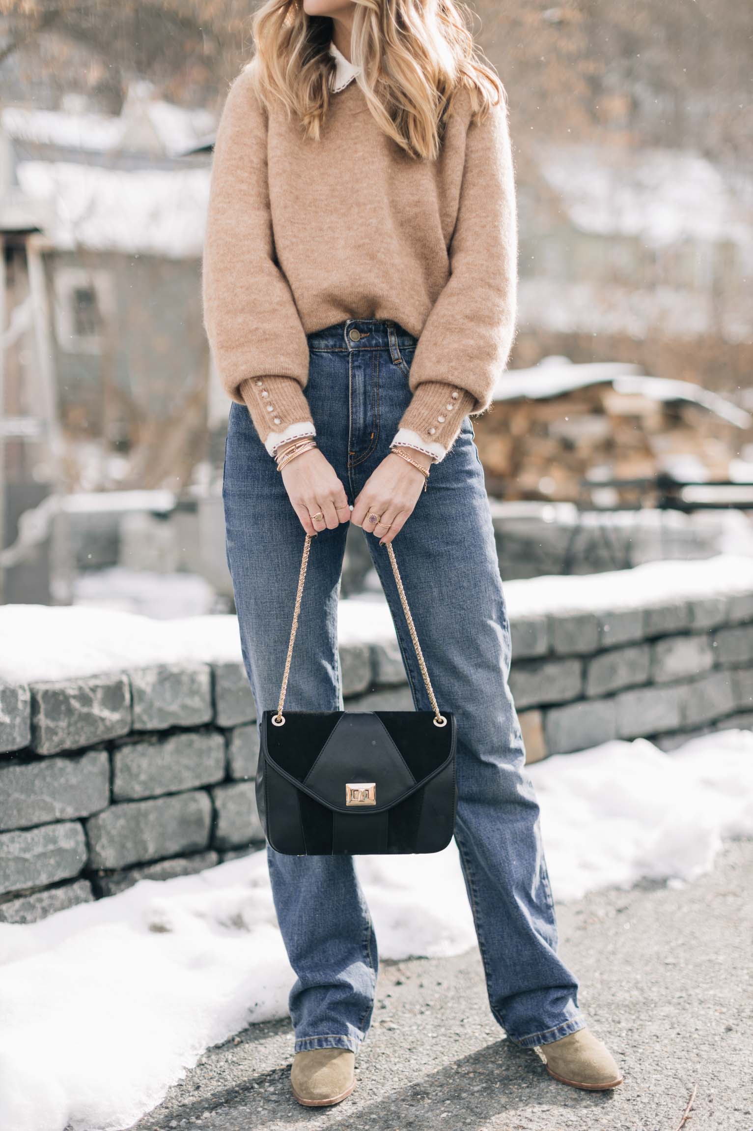 Beaded Sweater Cuffs and Tan Boots with Blue Jeans Beaded Sweater Cuffs and Tan Boots with Blue Jeans — Winter Outfits with Wide Leg Jeans