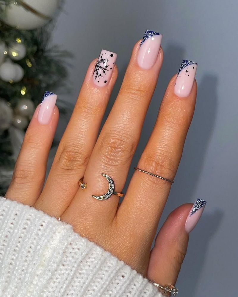 Pale Pink Black Snowflake Glitter French Tips Pale Pink Black Snowflake Glitter French Tips — Snowflake Nails
