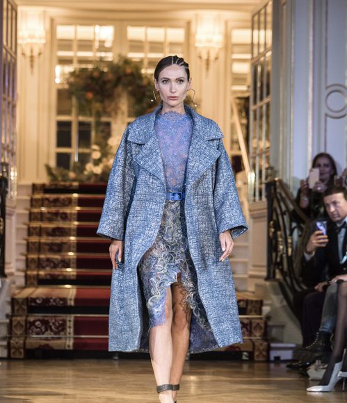Textured Blue Coat Over Lace Dress with Matching Belt — Paris Winter Outfits