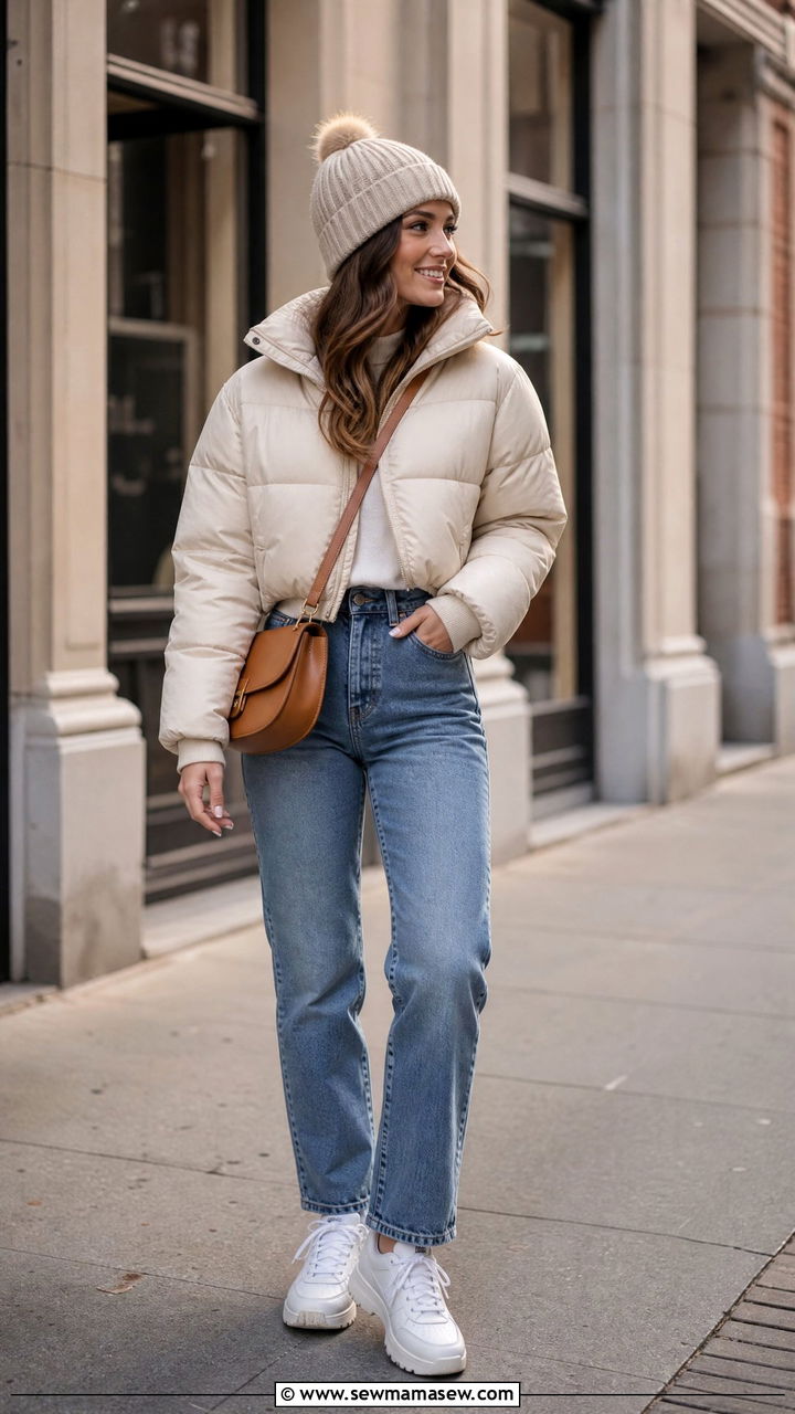 Cozy Street Style: Cream Cropped Puffer with Jeans and Beanie — Winter Puffer Jacket Outfits