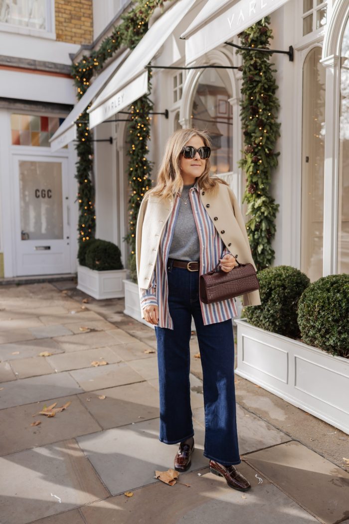 Casual Layers with a Striped Shirt and Wide-Leg Jeans Casual Layers with a Striped Shirt and Wide-Leg Jeans — London Winter Outfits