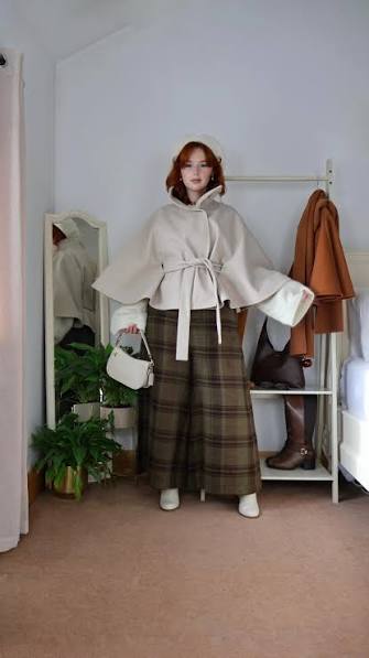 Cream Cape with Plaid Trousers and White Accessories Cream Cape with Plaid Trousers and White Accessories — Cute Winter Outfits