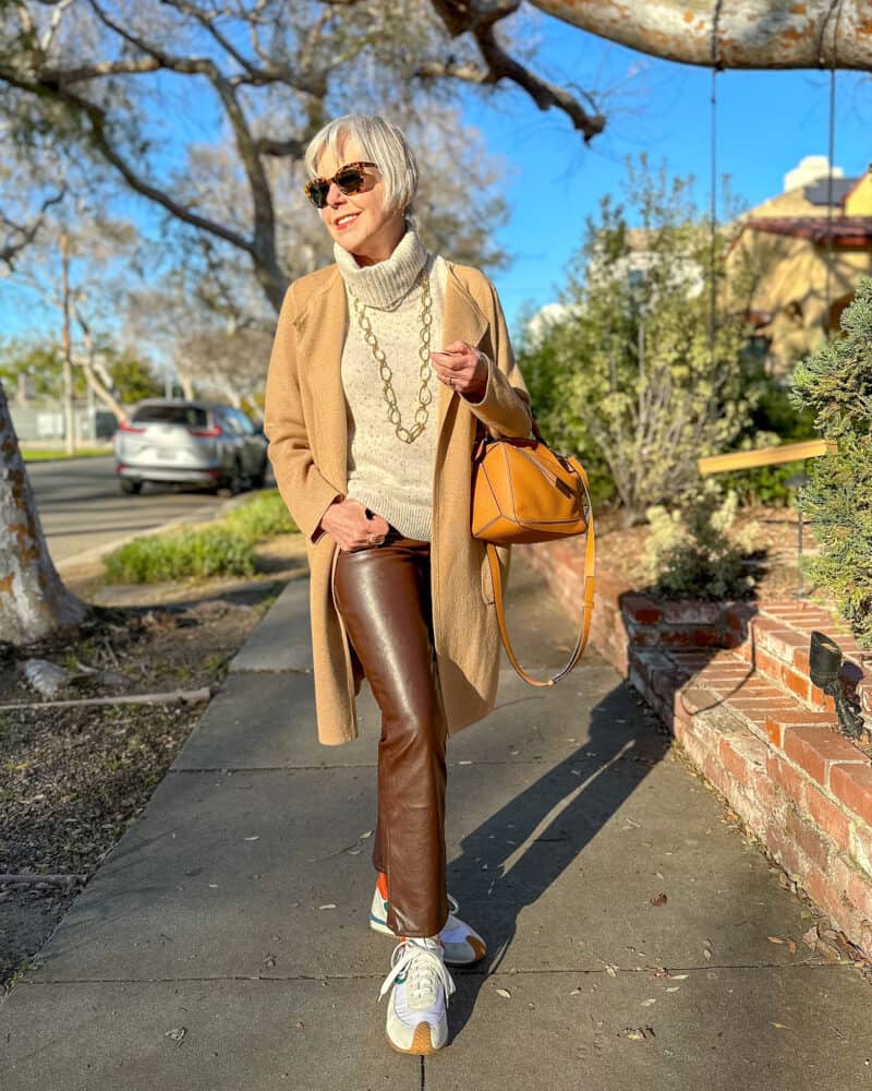 Comfortable Daytime Style: Brown Leather Pants with a Camel Coat — Leather Pants Outfits