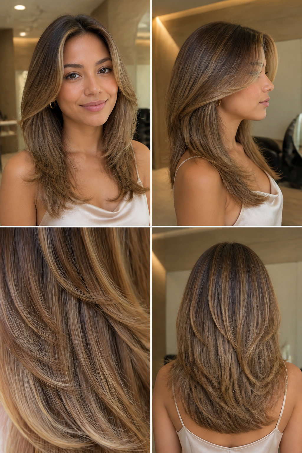 The face-framing butterfly cut in long, honey blonde hair with soft layers and face-framing pieces