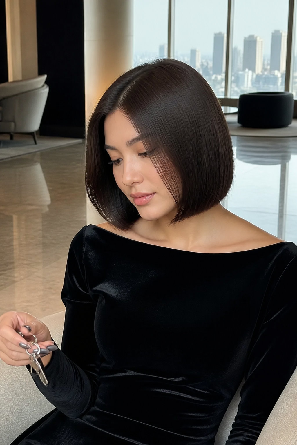 A sleek chin-length bob haircut in a rich dark brown with a blunt perimeter, styled straight for a polished finish.