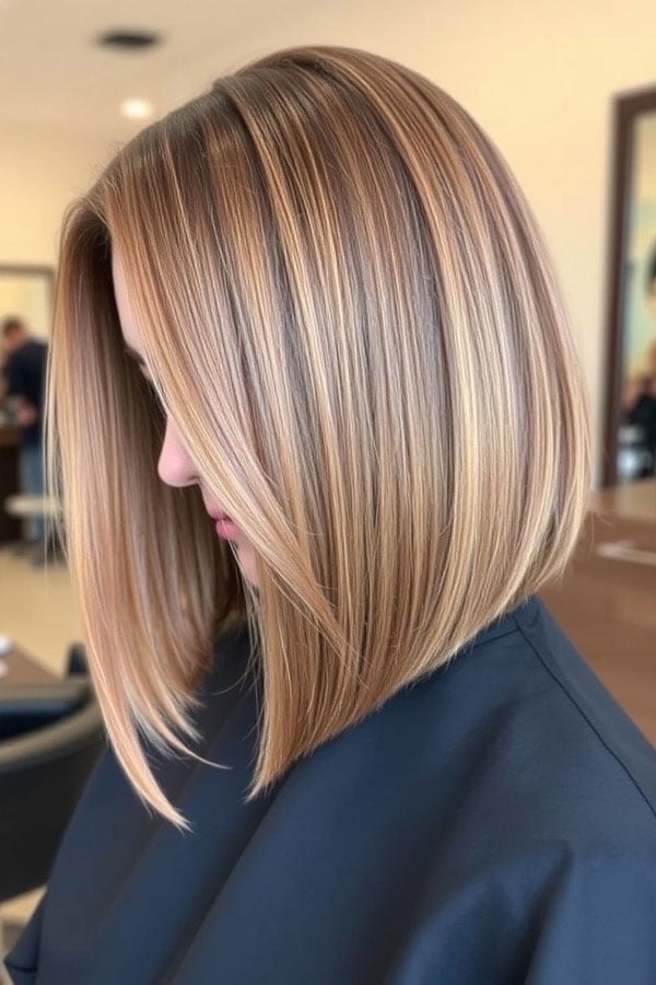 Blonde Collarbone A-Line Bob With Side Swept Bangs, Close-Up Take Blonde Collarbone A-Line Bob With Side Swept Bangs, Close-Up Take