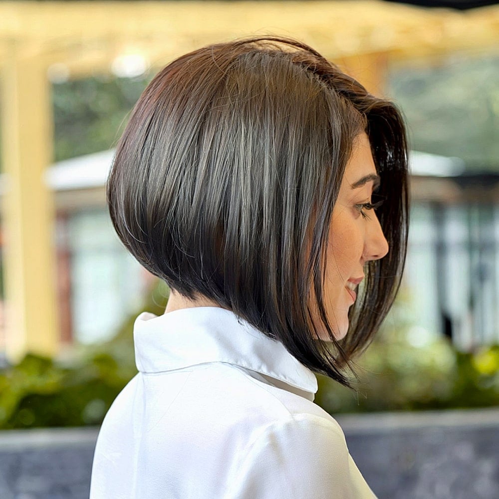 Dark Brown Inverted Bob With Subtle Highlights Dark Brown Inverted Bob With Subtle Highlights — A-Line Bob