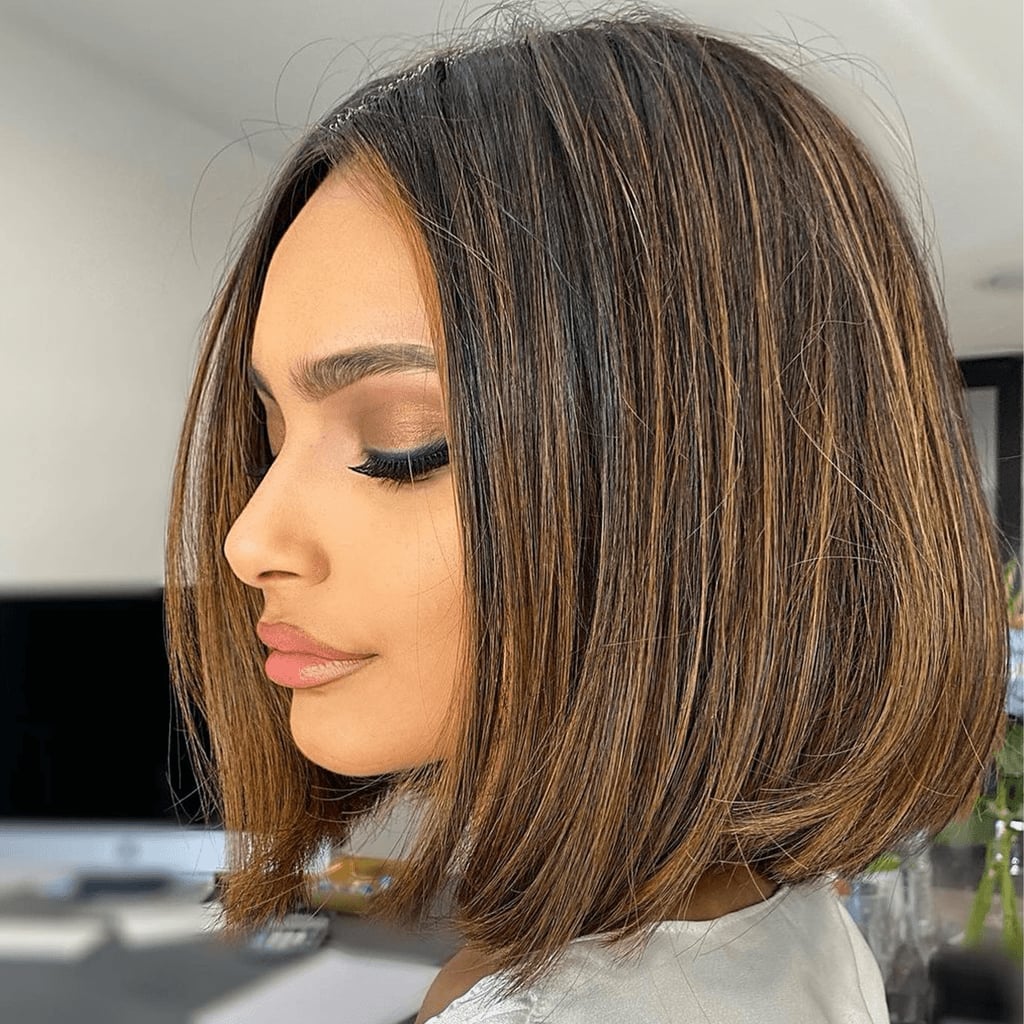 Dark Brown Bob With Caramel Highlights Dark Brown Bob With Caramel Highlights — A-Line Bob