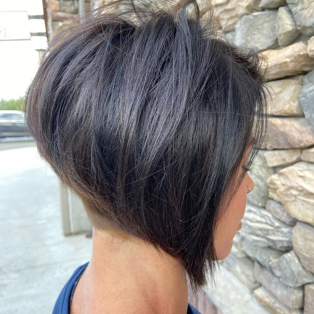 Stacked Dark Brown Chin Length A-Line Bob, Middle Stacked Dark Brown Chin Length A-Line Bob, Middle