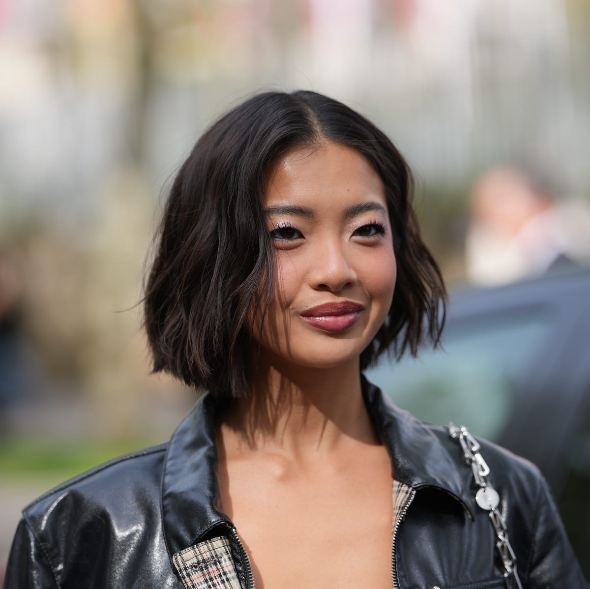 Dark Brown Textured Chin Length Bob, Wavy Dark Brown Textured Chin Length Bob, Wavy — A-Line Bob