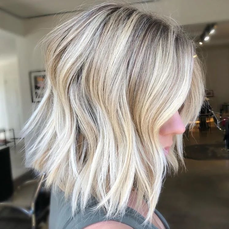 Ash Blonde A-Line Bob With Beachy Waves Ash Blonde A-Line Bob With Beachy Waves