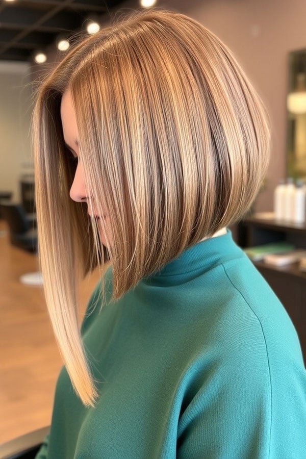 Golden Blonde A-Line Bob With Side Swept Bangs Golden Blonde A-Line Bob With Side Swept Bangs