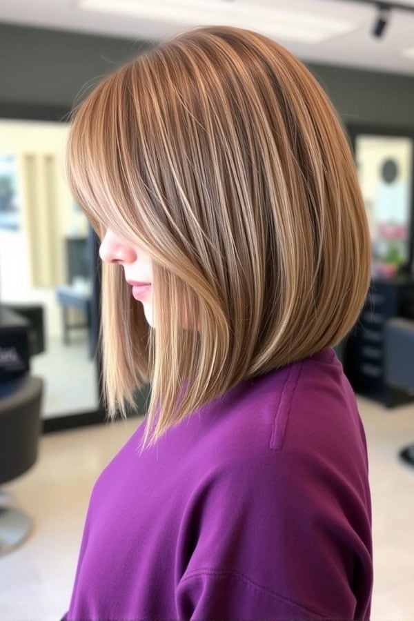 Honey Blonde A-Line Bob With Side Swept Bangs, Collarbone Honey Blonde A-Line Bob With Side Swept Bangs, Collarbone