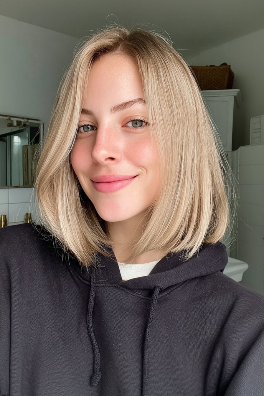 Light Blonde Chin Length Bob With Clean Line Light Blonde Chin Length Bob With Clean Line — A-Line Bob