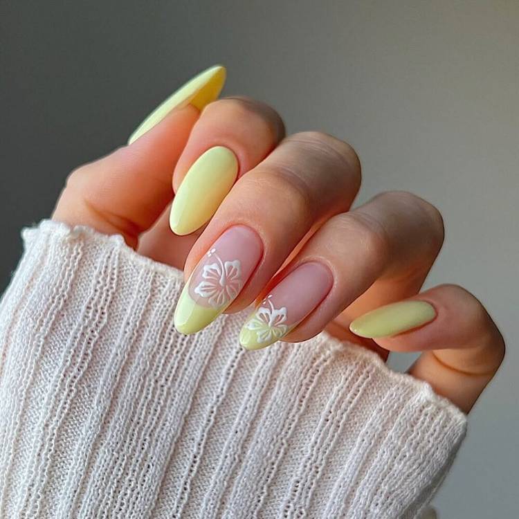 Long Almond French Tip Flower Nails Long Almond French Tip Flower Nails — Aesthetic Nails
