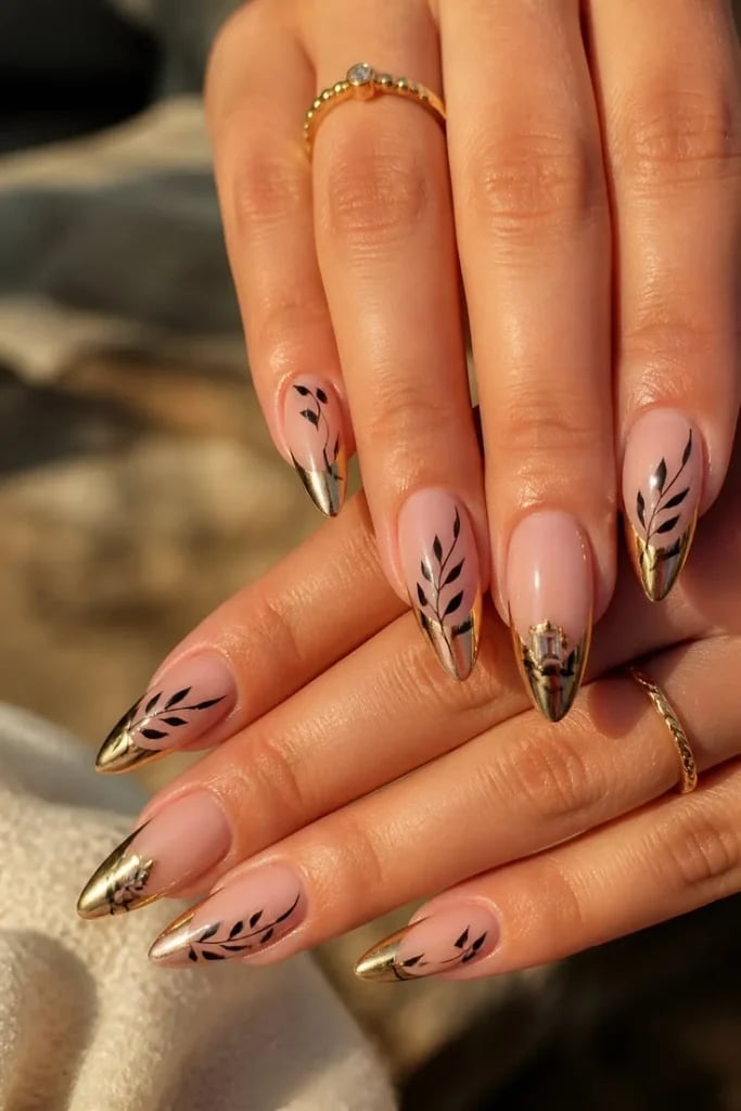Sheer Pink Sharp Gold French Almond Nails Sheer Pink Sharp Gold French Almond Nails — Aesthetic Nails