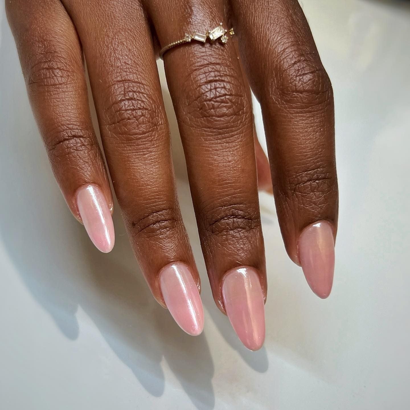 Milky Pink Shimmer Almond Nails Milky Pink Shimmer Almond Nails — Aesthetic Nails