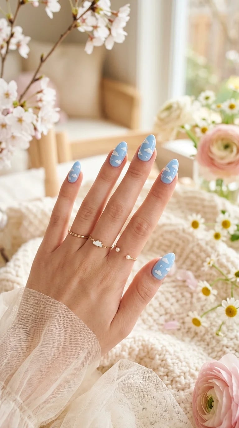Sky Blue Cloud Motif Almond Nails Sky Blue Cloud Motif Almond Nails — Aesthetic Nails