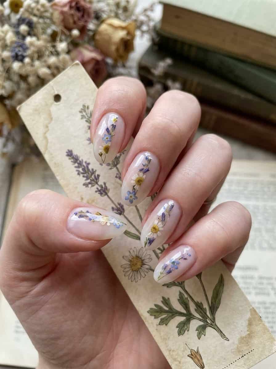 Short Oval Milky White Dried Flower Nails Short Oval Milky White Dried Flower Nails — Aesthetic Nails