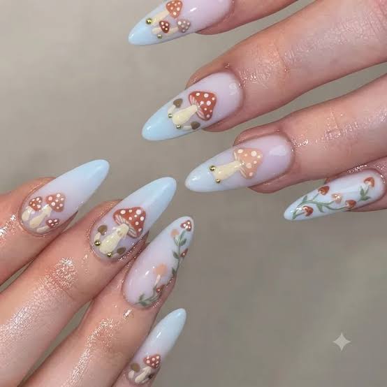 Almond Mushroom Art Sheer Nails Almond Mushroom Art Sheer Nails — Aesthetic Nails