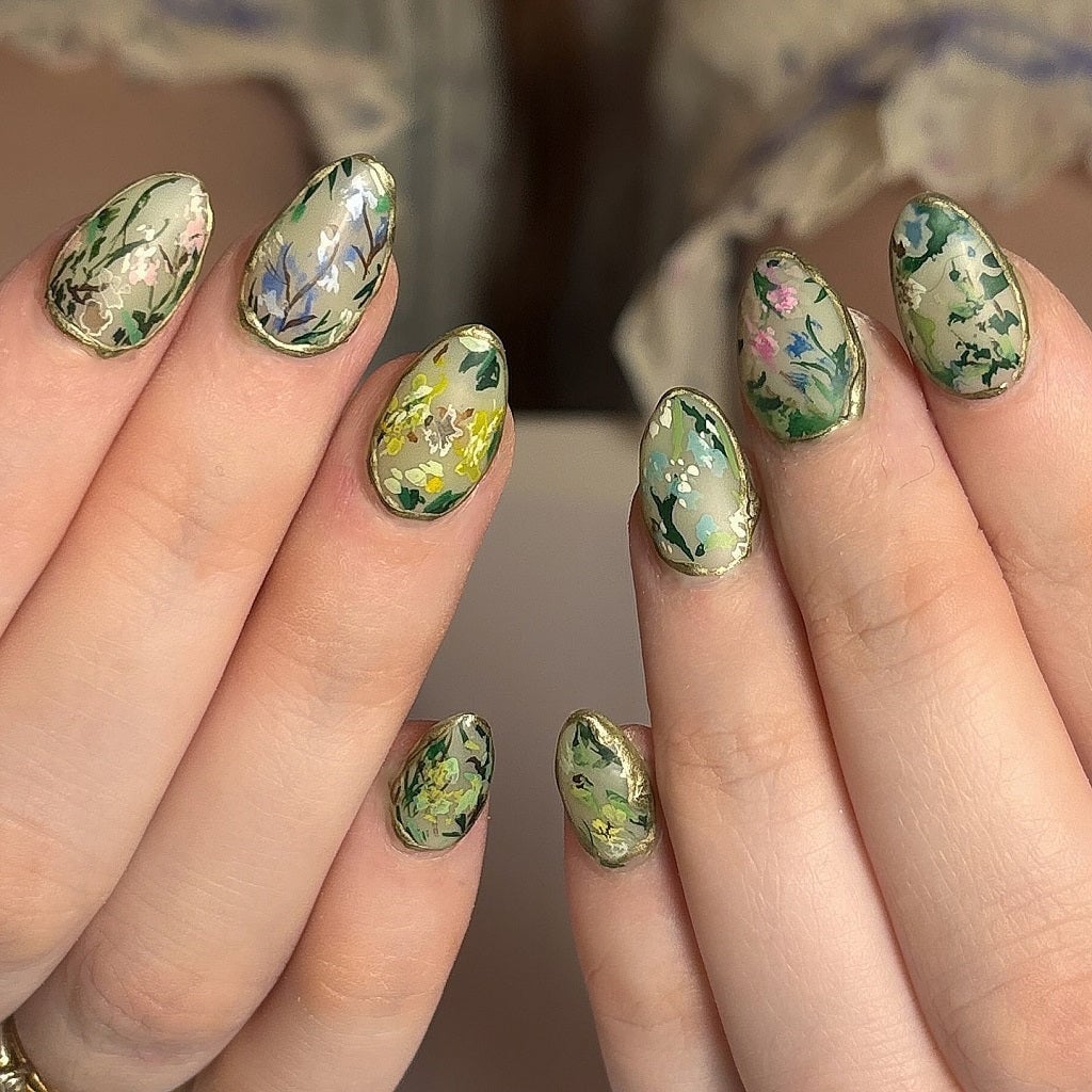 Floral and Gold Foil Almond Nails Floral and Gold Foil Almond Nails — Aesthetic Nails