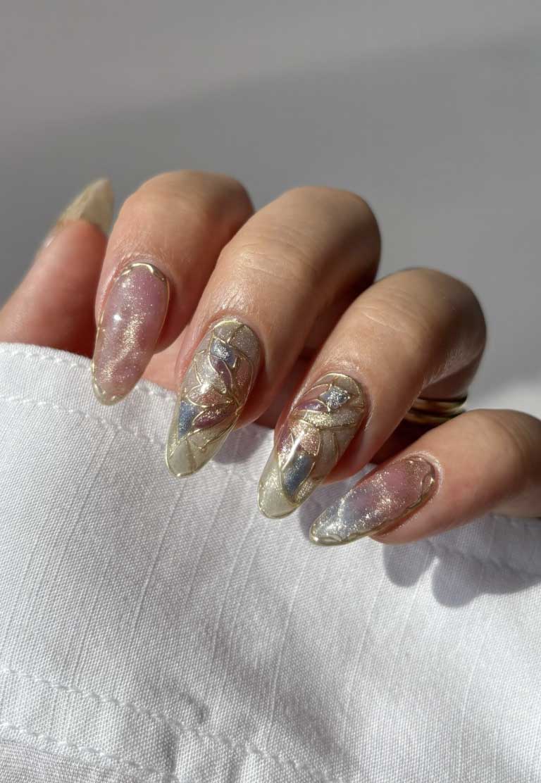 Sheer Pink 3D Floral Almond Nails Sheer Pink 3D Floral Almond Nails — Aesthetic Nails