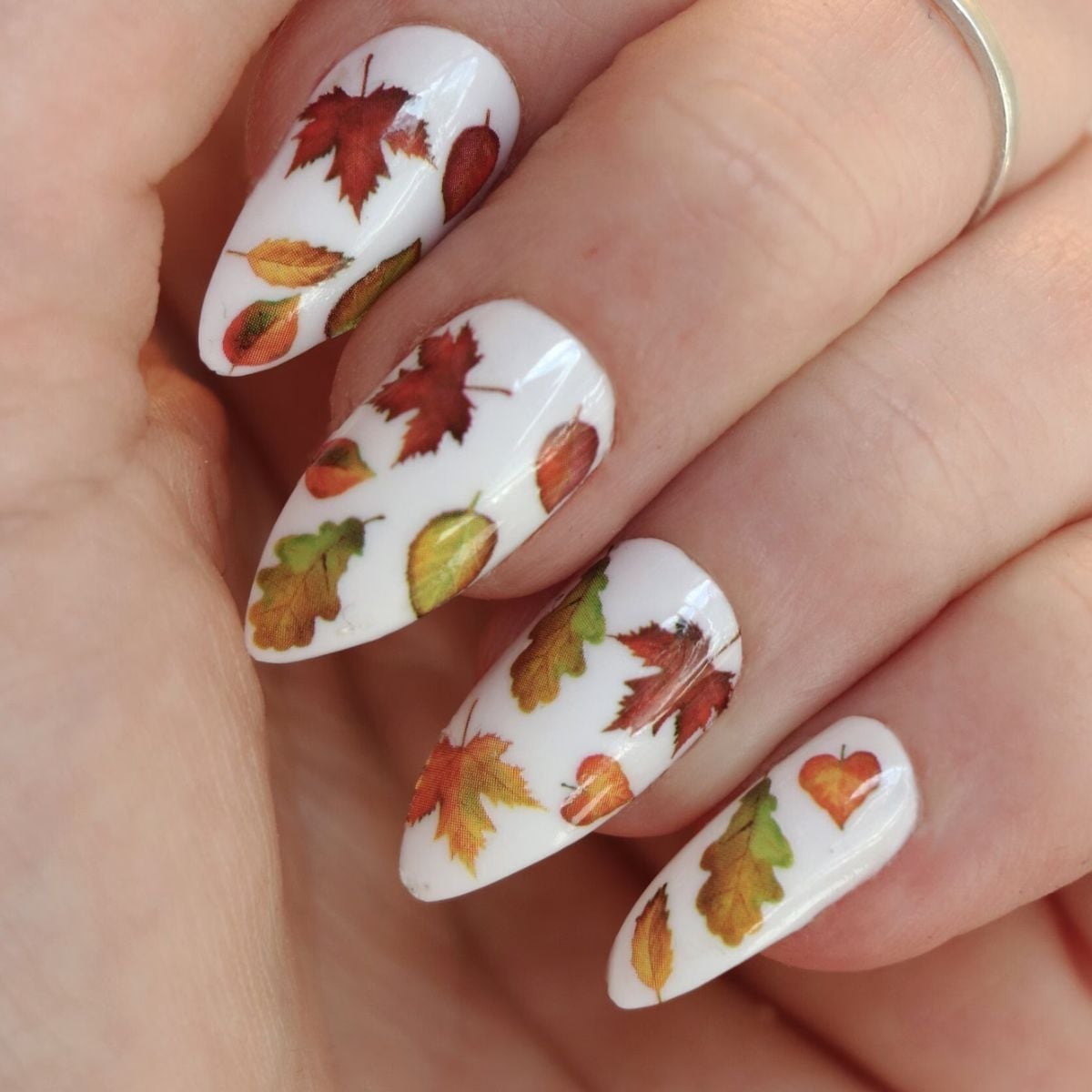 White Autumn Leaf Decal Almond Nails White Autumn Leaf Decal Almond Nails — Aesthetic Nails