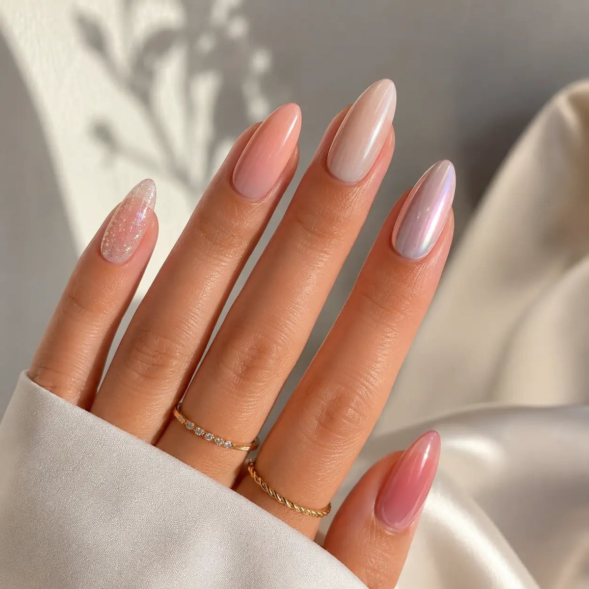 Milky Pink and Chrome Medium Almond Nails