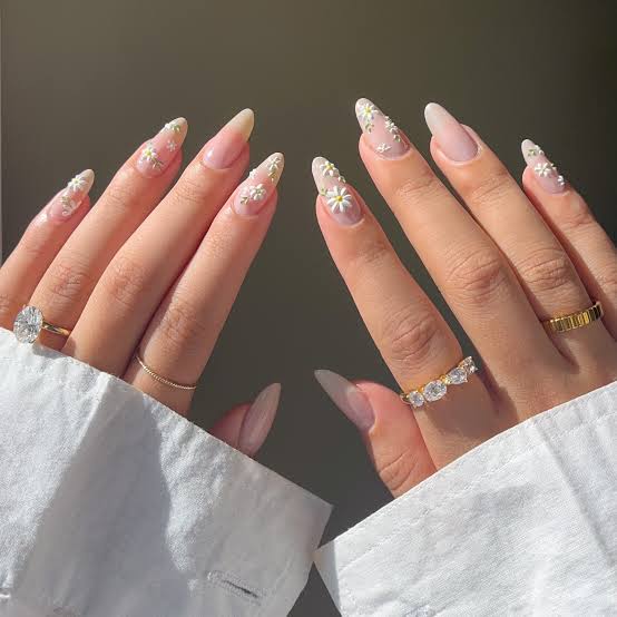 Sheer Nude Floral Medium Almond Nails
