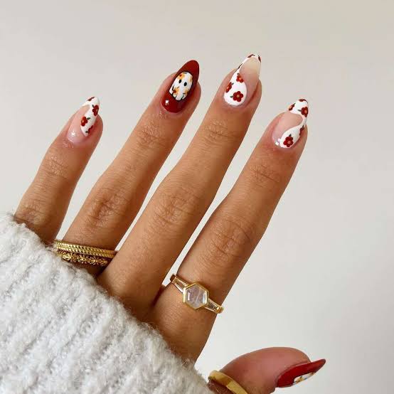 Nude Base Floral Pattern Medium Almond Nails