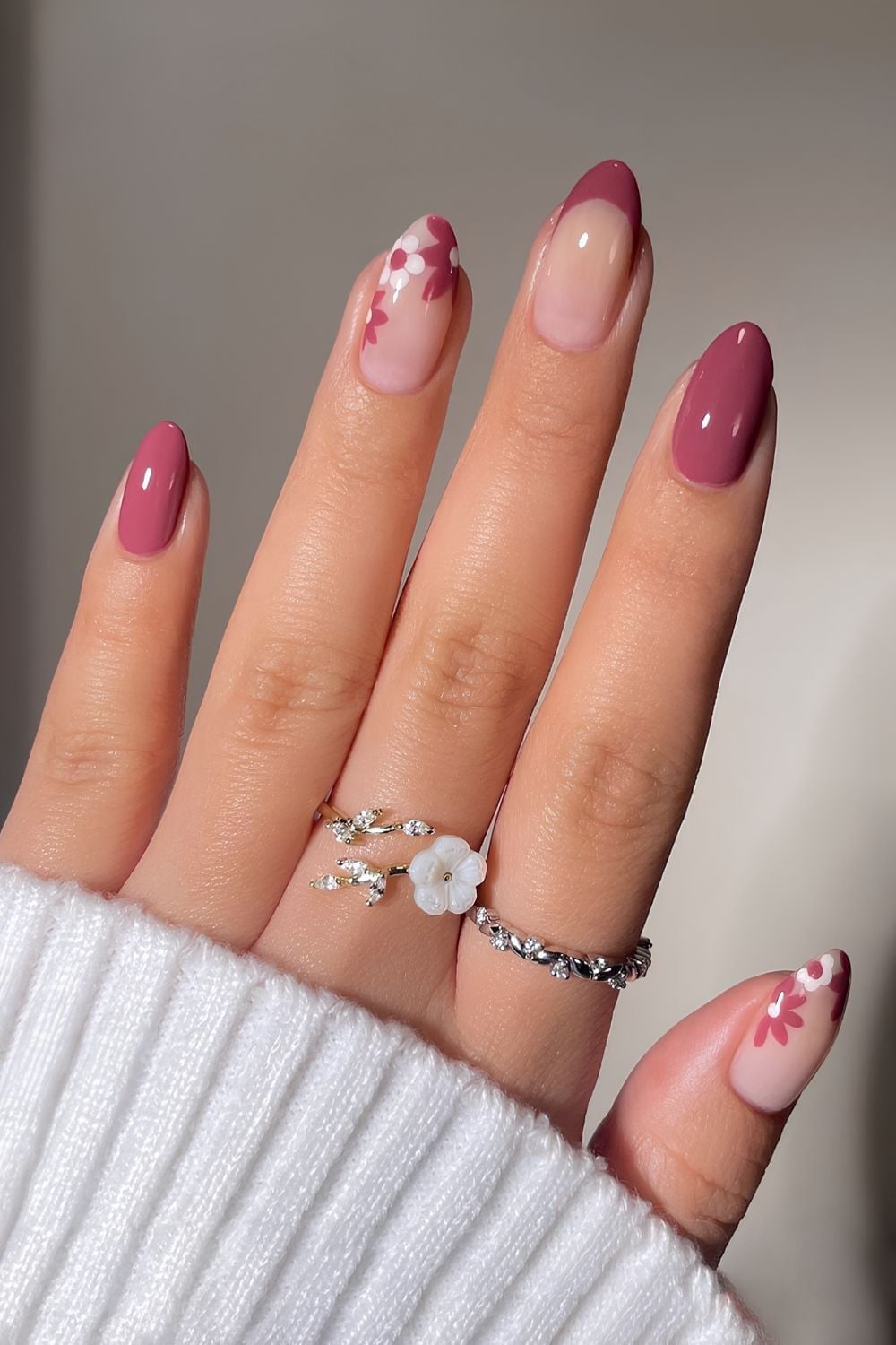 Pink Floral Motif Medium Almond Nails